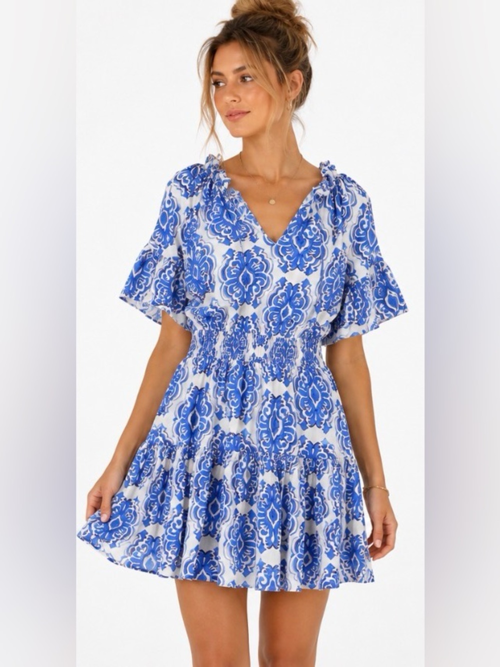 Entro Blue & White Medallion Print Smocked Mini Dress – Size Small
